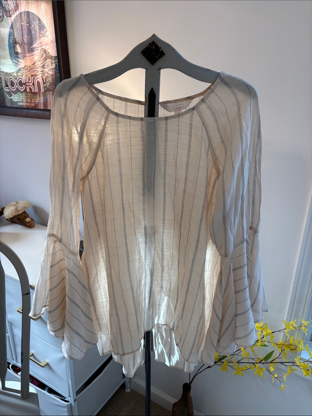 LC Lauren Conrad Cream Striped Bell-Sleeve Blouse